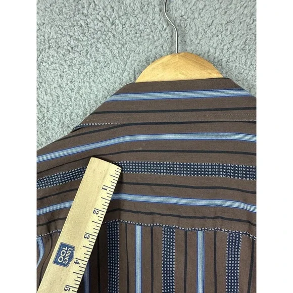 Johnston & Murphy Shirt Mens Medium Brown Blue Striped Tailored Fit Long Sleeve